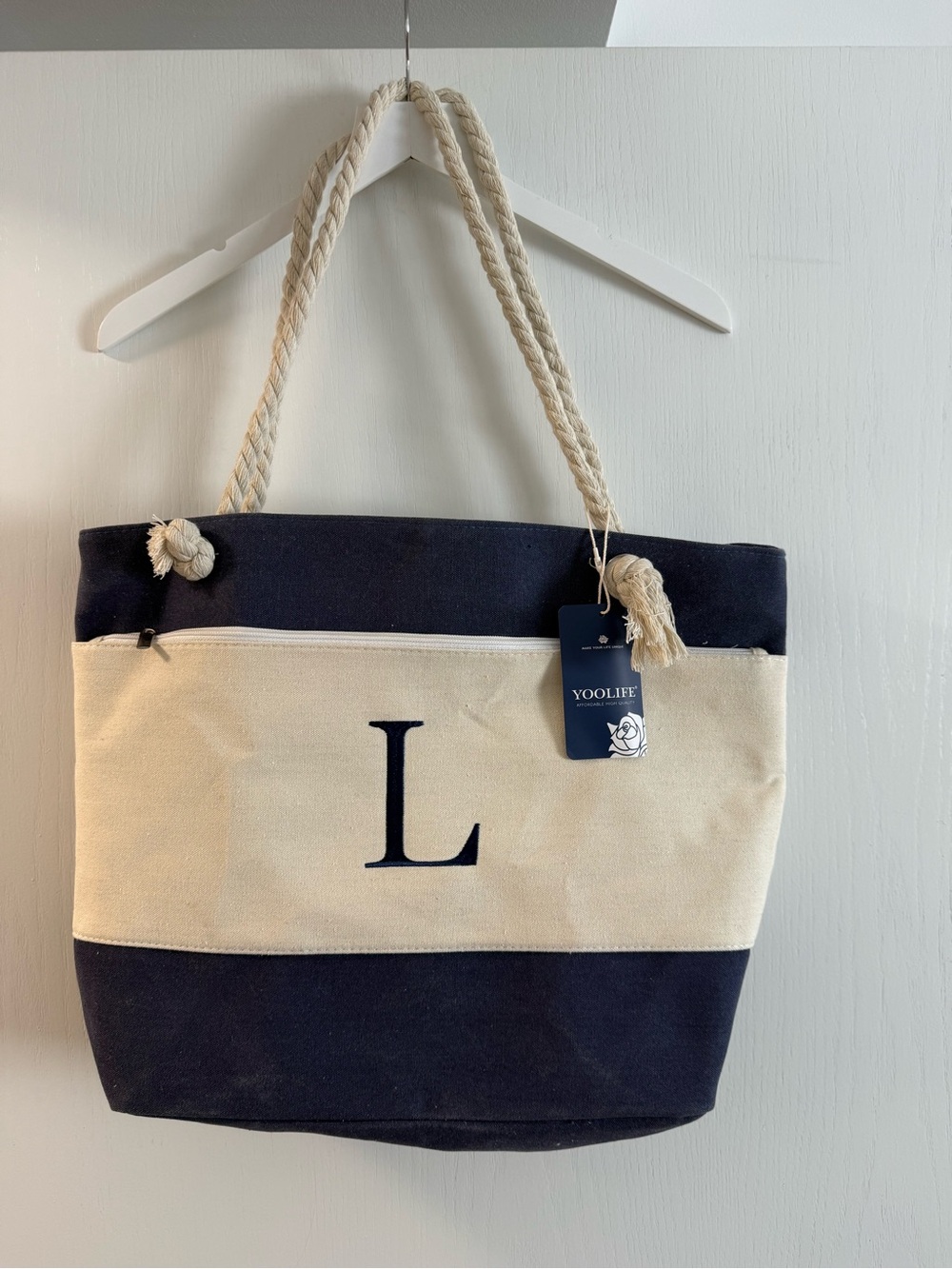 Canvas Rope Tote in Navy and Cream with Monogram “L”